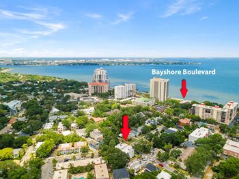 an aerial view of bayshore boulevard with two arrows pointing to the address of